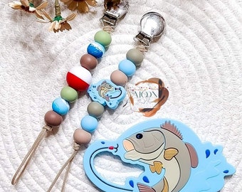 Fish Pacifier Clip/ Fishing Paci/ Bobber Paci Holder/ Boys Binky Clip / Baby Shower Gift/ Baby Boy Gift/ Pacifier Leash/ Teether/ Gift