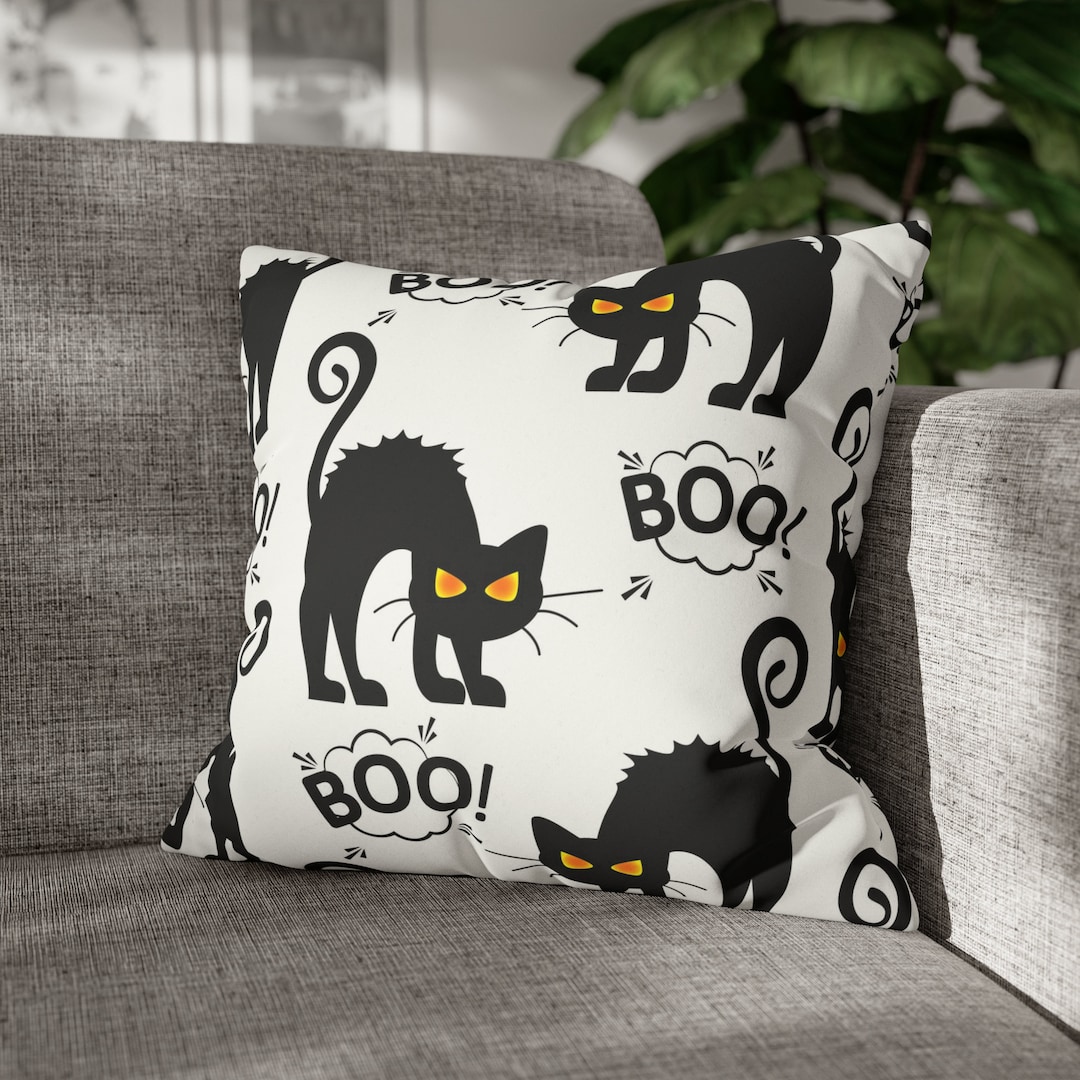 Black Cat Boo Halloween Pillow Cover Halloween Throw Pillow Etsy