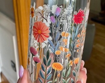 Bloemen 16oz Libbey glas | UvDft | Bamboe deksel en glazen rietje