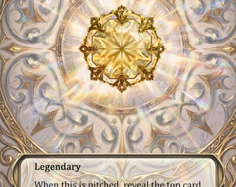 May include: A Light of Sol trading card featuring a central golden, faceted gem set in an ornate frame. The background displays intricate, swirling cream and gold patterns. The text reads Light of Sol, Legendary, and describes the card's effect.