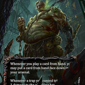 May include: A trading card titled Riptide, Lurker of the Deep featuring a large, muscular, pale-skinned creature with chains, bloodstains, and severed heads attached to its body. The card includes game text, a power value of 4, and 38 health.