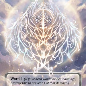 May include: A rectangular trading card titled Spectral Shield featuring a glowing, translucent white ethereal emblem centered against a soft, cloudy sky background. The card includes text describing the Ward 1 ability and Illusionist Token Aura.