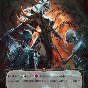 May include: A fantasy trading card titled Dead Threads featuring a central figure with long white hair, a skull-like mask, and dark armor, flanked by two skeletal figures amidst swirling dark smoke and orange light, with game text and stats.