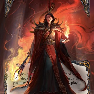 Może przedstawiać: Karta kolekcjonerska z Kano, Dracai of Aether. Karta przedstawia postać w czerwonych i czarnych szatach, trzymającą laskę i płomień. Tło jest ognistopomarańczowe. Karta ma białą obwódkę z tekstem i symbolami.
