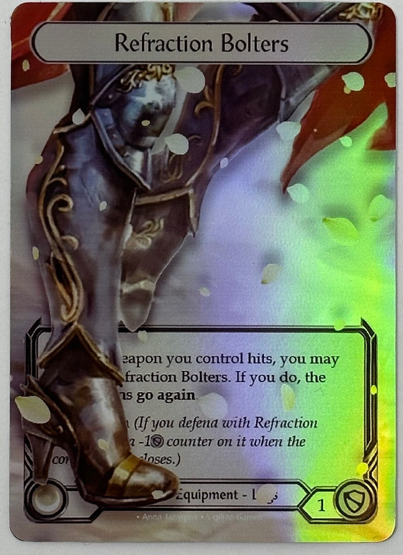 May include: A trading card featuring the text "Refraction Bolters." The card depicts a partial illustration of a character's leg in armor and a high-heeled boot. The card has a holographic, iridescent finish with a green and purple color gradient.