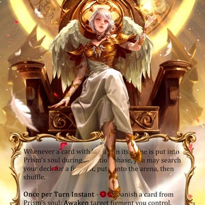 Op de afbeelding: Een ruilkaart getiteld Prism, Advent of Thrones met een witharig figuur met vleugels zittend op een gouden troon. Het personage draagt een gouden harnas en een witte jurk en houdt een gloeiende bol vast. Tekst is in de afbeelding opgenomen.