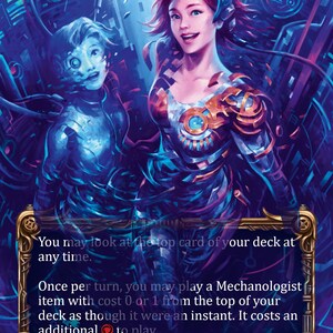 May include: A collectible trading card titled Dash, Database featuring a red-haired character and a smaller blue-toned figure against a dark blue digital background. The card text reads: You may look at the top card of your deck at any time. Once per turn, you may play a Mechanologist item with cost 0 or 1 from the top of your deck as though it were an instant. It costs an additional red resource to play.