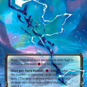 Puede incluir: Carta de fantasía con una vara de rayo estilizada en tonos azules y morados. El texto describe sus habilidades y está etiquetada como un Arma de Mago Relámpago - Bastón (2H).