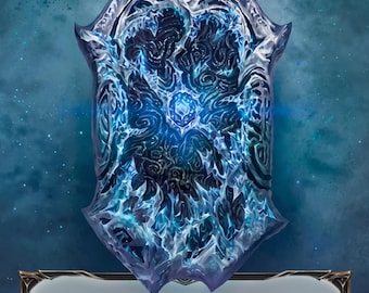 May include: A rectangular trading card titled Stalagmite, Bastion of Isenloft, featuring an illustration of a jagged, translucent blue ice shield with swirling patterns and a central glowing gem. The card text details game mechanics and defence.