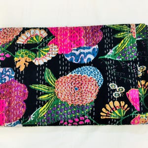Couette kantha floral orange : couvre-lit en coton fait main, drap doux et confortable Black