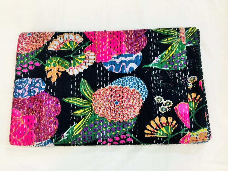 Couette kantha floral orange : couvre-lit en coton fait main, drap doux et confortable Black