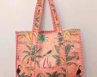 Grand sac fourre-tout à fleurs multicolore réversible en coton matelassé imprimé à la main Sac bohème fait main, respectueux de l'environnement, durable