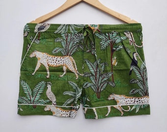 Boho Cotton Summer Shorts For Women: Green Jungle Animal Print, Lightweight Beach wear