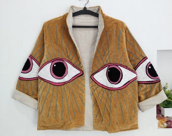 Velvet Embroidered Eye Jackets, Boho Statement Jacket, Handmade Cotton Lined Coat, Festival Wear