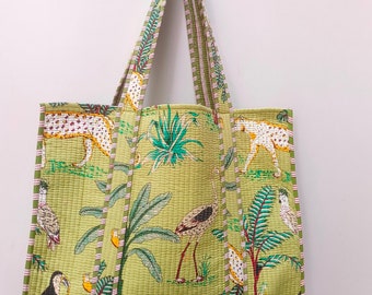 Borsa tote floreale multicolore reversibile grande stampata a mano in cotone trapuntato Borsa Boho fatta a mano per la spesa robusta e sostenibile ecologica