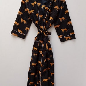 Handmade Cotton Kimono Robe: Black Leopard Print, Lightweight Soft Nightwear, Dressing gown