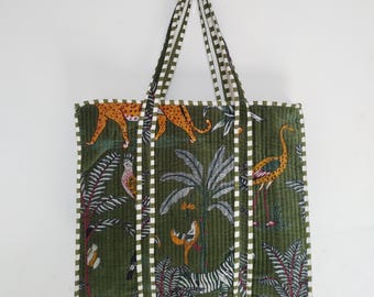 Bolso de mano acolchado de terciopelo de algodón: estampado de la selva, bolso de compras artesanal indio
