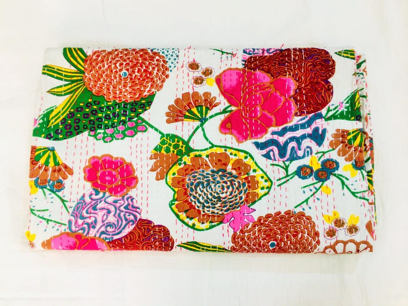 Couette kantha floral orange : couvre-lit en coton fait main, drap doux et confortable White