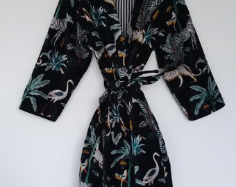 Peignoir kimono en velours de coton à imprimé animal - Vêtements d'intérieur noirs faits main