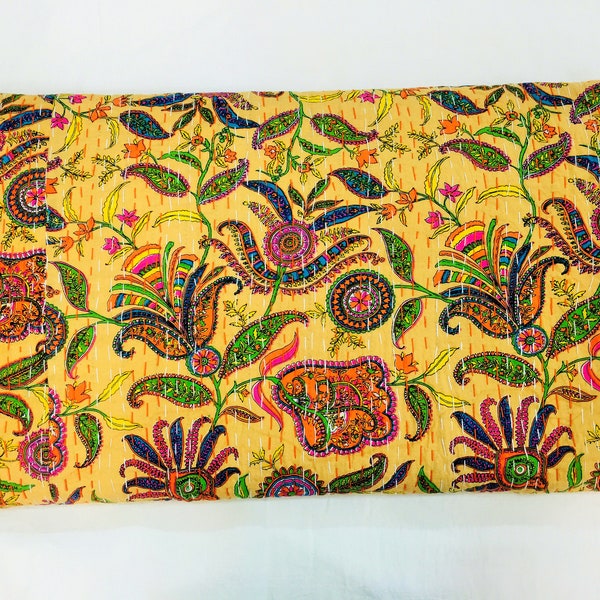 Yellow Floral Print, Kantha Quilt, Indian Handmade Kantha Quilt, 100% Cotton Bedspread Handmade Bohemian Bedding Throw Cozy Wedding Gift
