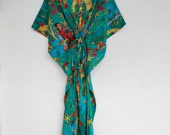 Frida Print Cotton Caftan Dress: Handmade Beach Lounge Wear, Lightweight Festival Women Dress