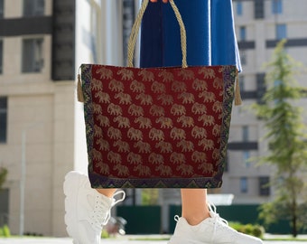 Indian Handmade Silk Tote, Elephant Printed Tote, Jhola Bag, Shopping Bag, Market Bag, beach visit, Carrying Bag, Gift For Her