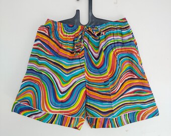 Rainbow Swirl Cotton Shorts: Psychedelic Striped resort vacation wear, Elastic waist shorts