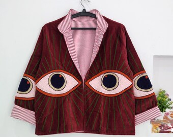 Embroidered Eye Jackets, Boho Statement Jacket, Handmade Cotton Lined Coat, Festival Outfit