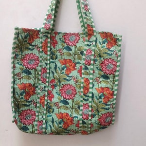 Quilted Cotton Handprinted Reversible Large multicolor Floral Tote Bag Eco friendly Sustainable Sturdy Grocery Shopping Handmade Boho bag