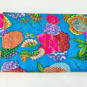 Couette kantha floral orange : couvre-lit en coton fait main, drap doux et confortable Sky Blue