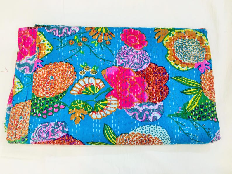 Couette kantha floral orange : couvre-lit en coton fait main, drap doux et confortable Sky Blue