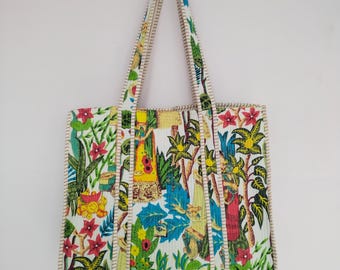 Frida Print Tote Bag: Handmade Quilted, Indian Lightweight Market Bag, Organic Cotton