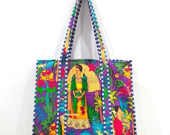 Frida Print Tote Bag: Indian Handmade Cotton Quilted Bag, Everyday Fashion