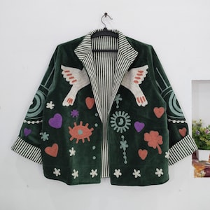 Bird Embroidered Velvet Jacket Women, Boho Jackets for Festival, Cotton Lined Statement Coat