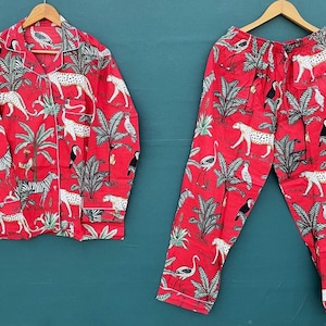 Jungle Print Pajamas, Women Pajamas, Red Cotton Pajama Set, Indian Handmade Pajama Set, Bridesmaid Pajamas Nightwear Dress, Comfy Sleepwear