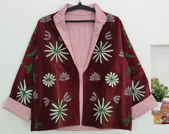 Suzani Embroidered Velvet Bomber Jacket, Women Boho Coat, Winter wear Outfit, Gift For Her