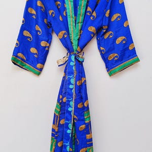 Vintage polyester siden kimono morgonrock: Boho sari strandklänning, handgjord nattlinne morgonrock