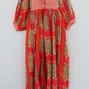 Orange Stripes Tiger Midi Dress, Mini Dress, Long Block Print Dress, Deep Neck With String Closer
