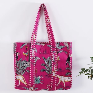 Pink Jungle Print Baumwolle gesteppte Tasche, Frauen Einkaufstasche, indische handgemachte Einkaufstasche große Markttasche, Frauen Schultertasche, Einkaufstasche