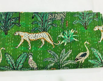 Couette kantha en coton : couvre-lit queen-size à imprimé jungle