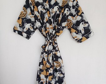Bird Print Cotton Kimono: Indian Beach Cover-Up, Handmade Breathable Lightweight Robe