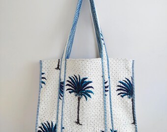 Hand Block Printed Cotton Quilted Tote Bag: Large Indian Shopping Bag