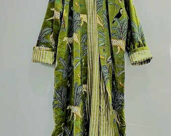 Handmade Green Jungle Print Velvet Kimono Robe: Winter Long Robe, Cotton Blend