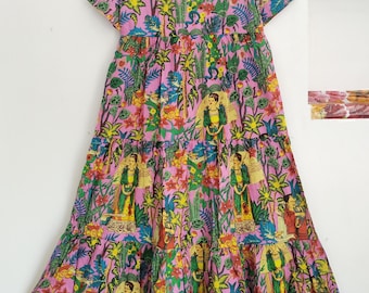 Pink Frida Print Cotton Midi Dress: Festival Wedding Wear
