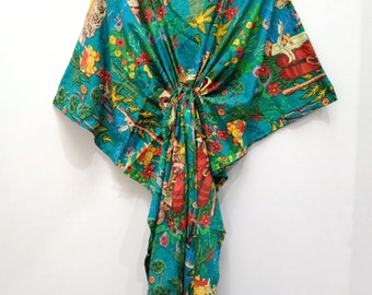 Frida Print Baumwolle Kaftan Kleid: Handgefertigte Strand Lounge Wear, Boho Style Frauen Kaftan