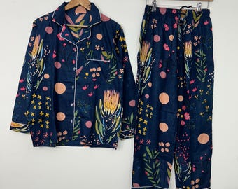 Floral Cotton Pajama Set, Hand Block Lounge Set, Bridesmaid Pajamas, Boho Sleepwear, Bridal Party Pajamas, Women's Night Suit, Gift for Her