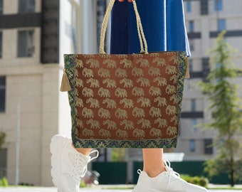 Handmade Banarsi Silk Tote Bag: Indian Elephant Print Jhola Bag