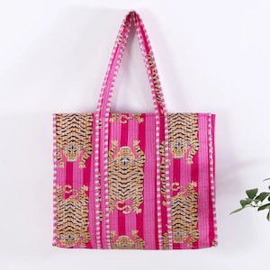 Tiger Gedruckt Baumwolle Gesteppte Einkaufstasche, Frauen Einkaufstasche, Indische Handgemachte Taschen, Frauen Markttasche, Große Tragetasche, Reisetasche, Geschenk