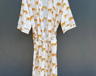Katoenen kimono met luipaardprint, lichtgewicht strandkleed, handgemaakte festivaloutfit