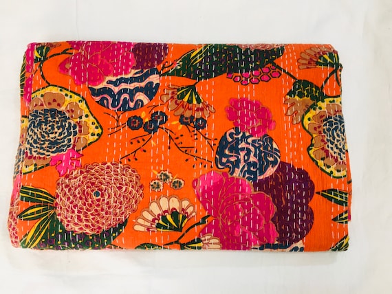 Orange Floral Kantha Quilt: Handmade Cotton Bedspread, Soft and Comfortable Bedsheet